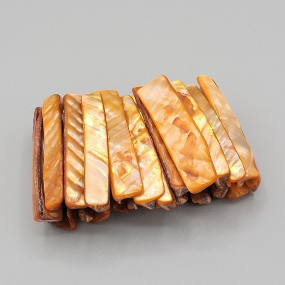 Womens Orange Dyed Mother Of Pearl Wide Bangle Fashion Bracelet Stretchable 6 in - Picture 3 of 5